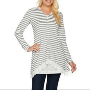 LOGO Lori Goldstein striped lace bottom button front tunic